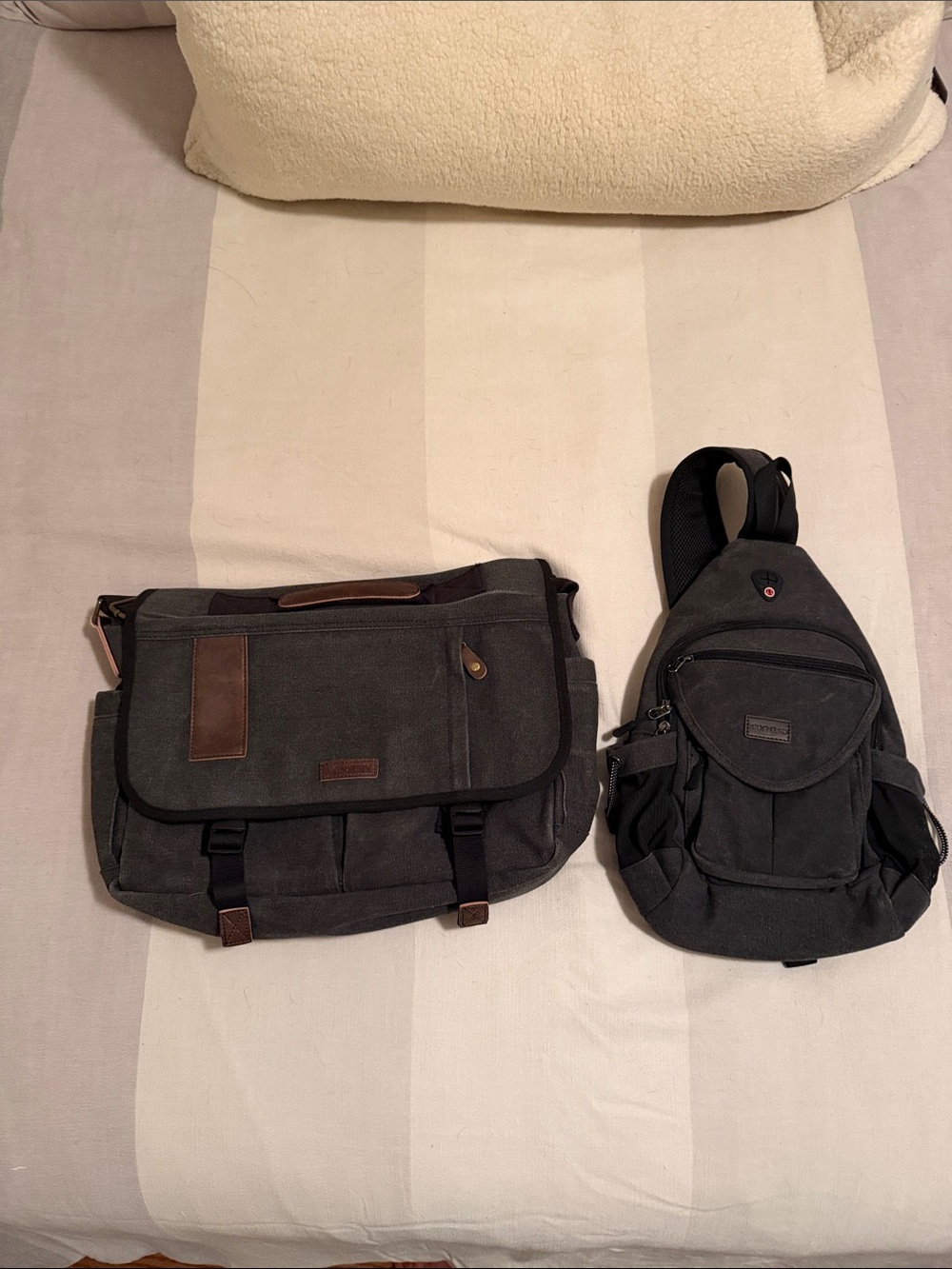 Amazon Gray Canvas Messenger and Sling Bag Set with Brown Accents (set of 2)